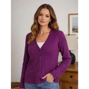 Vintage COSMOS Jeans Plum Purple Cotton Ribbed V-Neck Button Cardigan Size XL